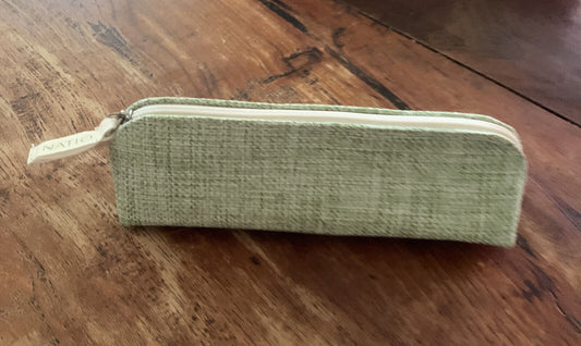 NATIO Green Canvas Pencil Pouch Case Makeup Bag Travel Handbag Zip Flat Base NEW
