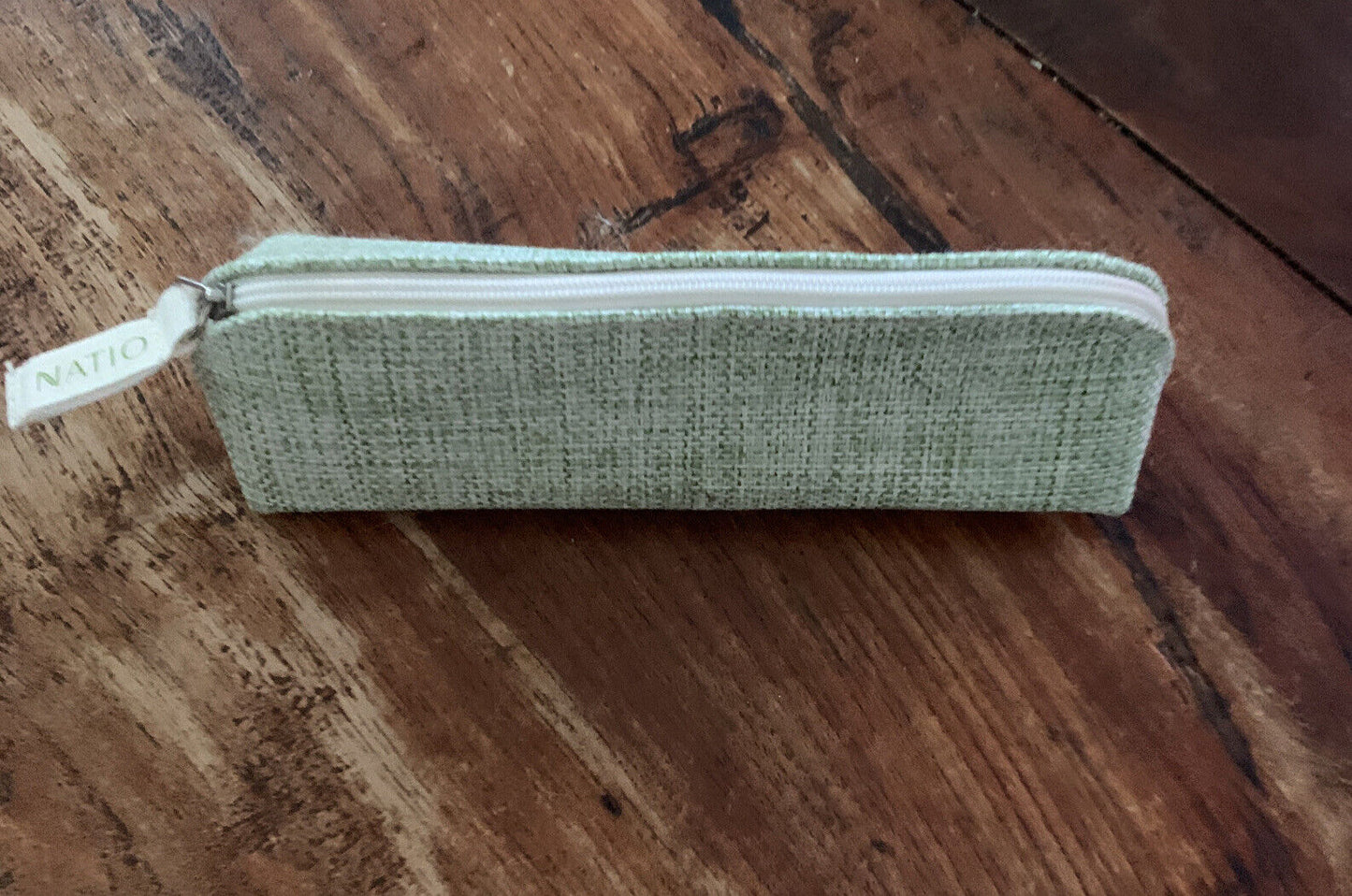 NATIO Green Canvas Pencil Pouch Case Makeup Bag Travel Handbag Zip Flat Base NEW