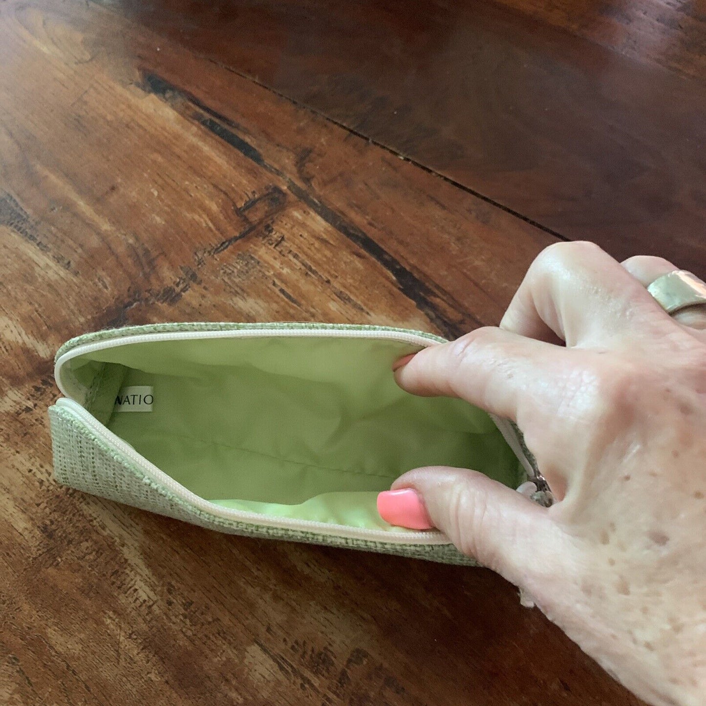NATIO Green Canvas Pencil Pouch Case Makeup Bag Travel Handbag Zip Flat Base NEW