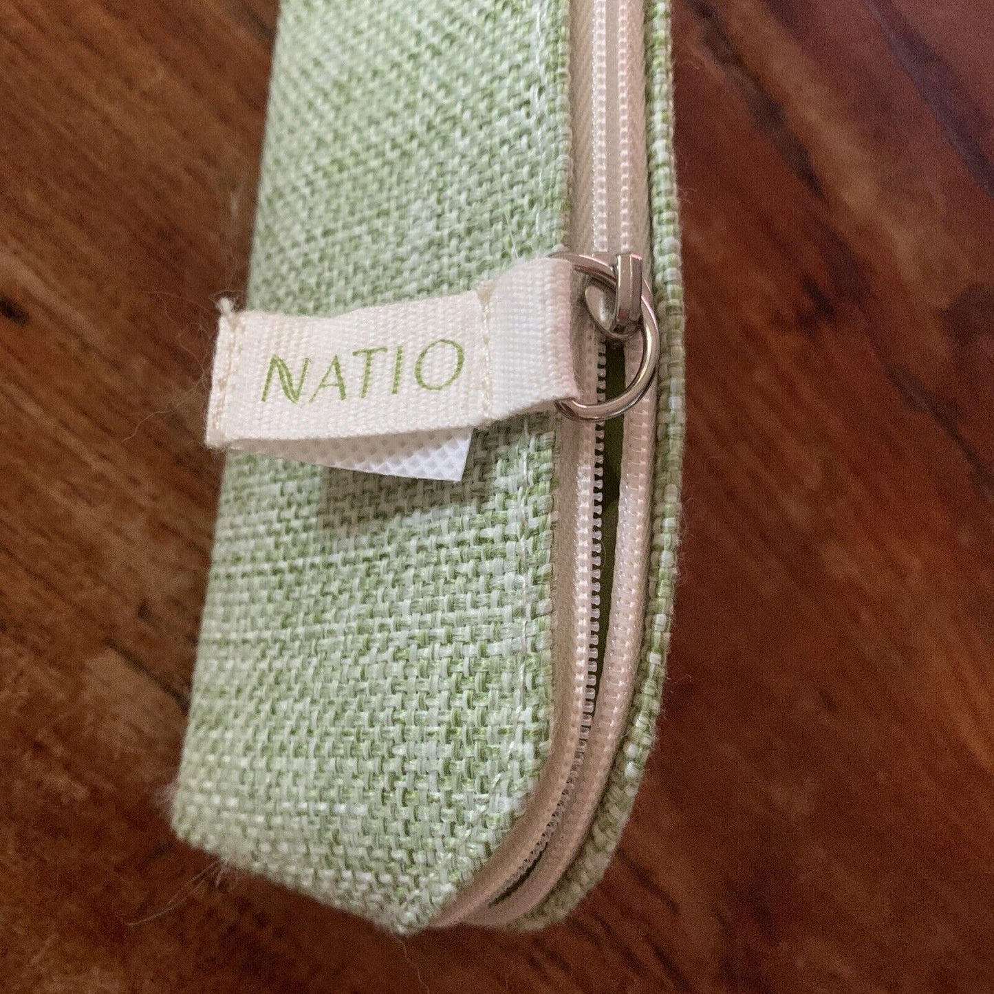 NATIO Green Canvas Pencil Pouch Case Makeup Bag Travel Handbag Zip Flat Base NEW