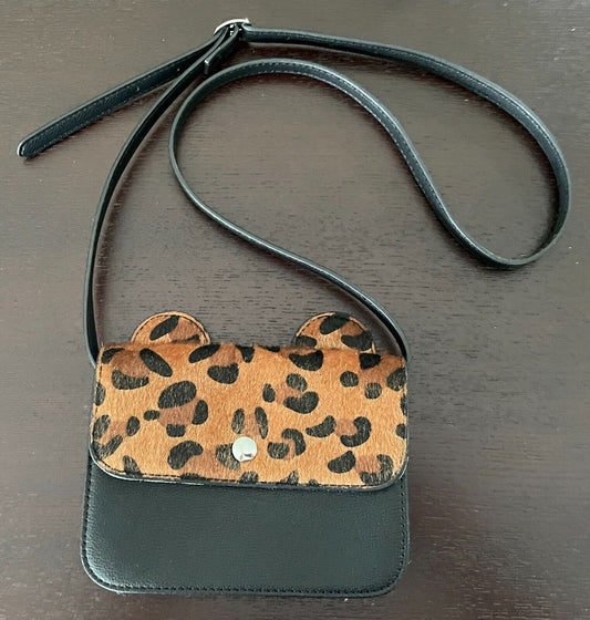 Girls COUNTRY ROAD Shoulder Crossbody Bag Black & Leopard Print With Ears PU