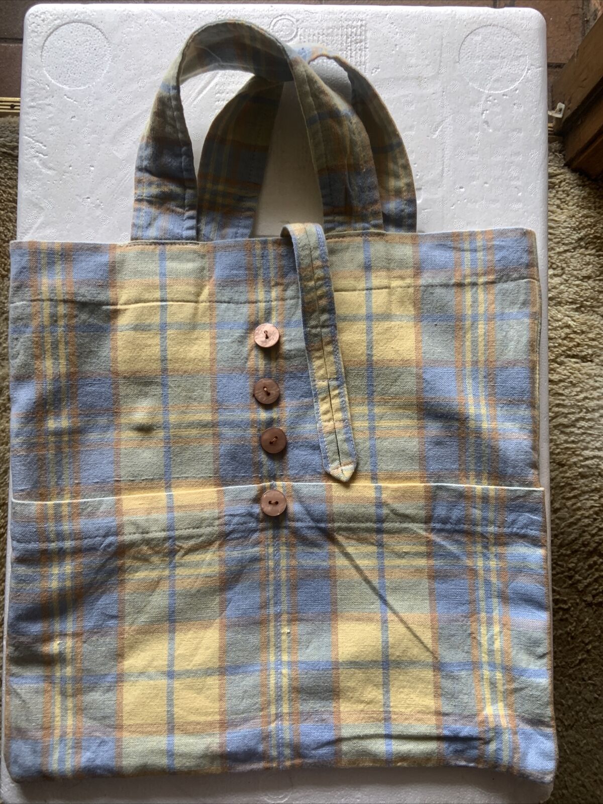 TOTE BAG Handmade Lined Shopping Yellow Blue Check Cotton Fabric Reusable