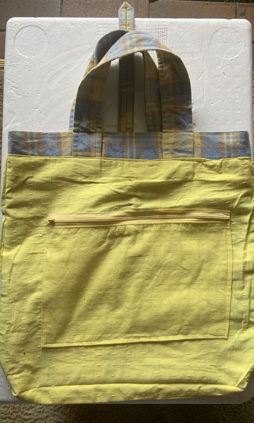 TOTE BAG Handmade Lined Shopping Yellow Blue Check Cotton Fabric Reusable