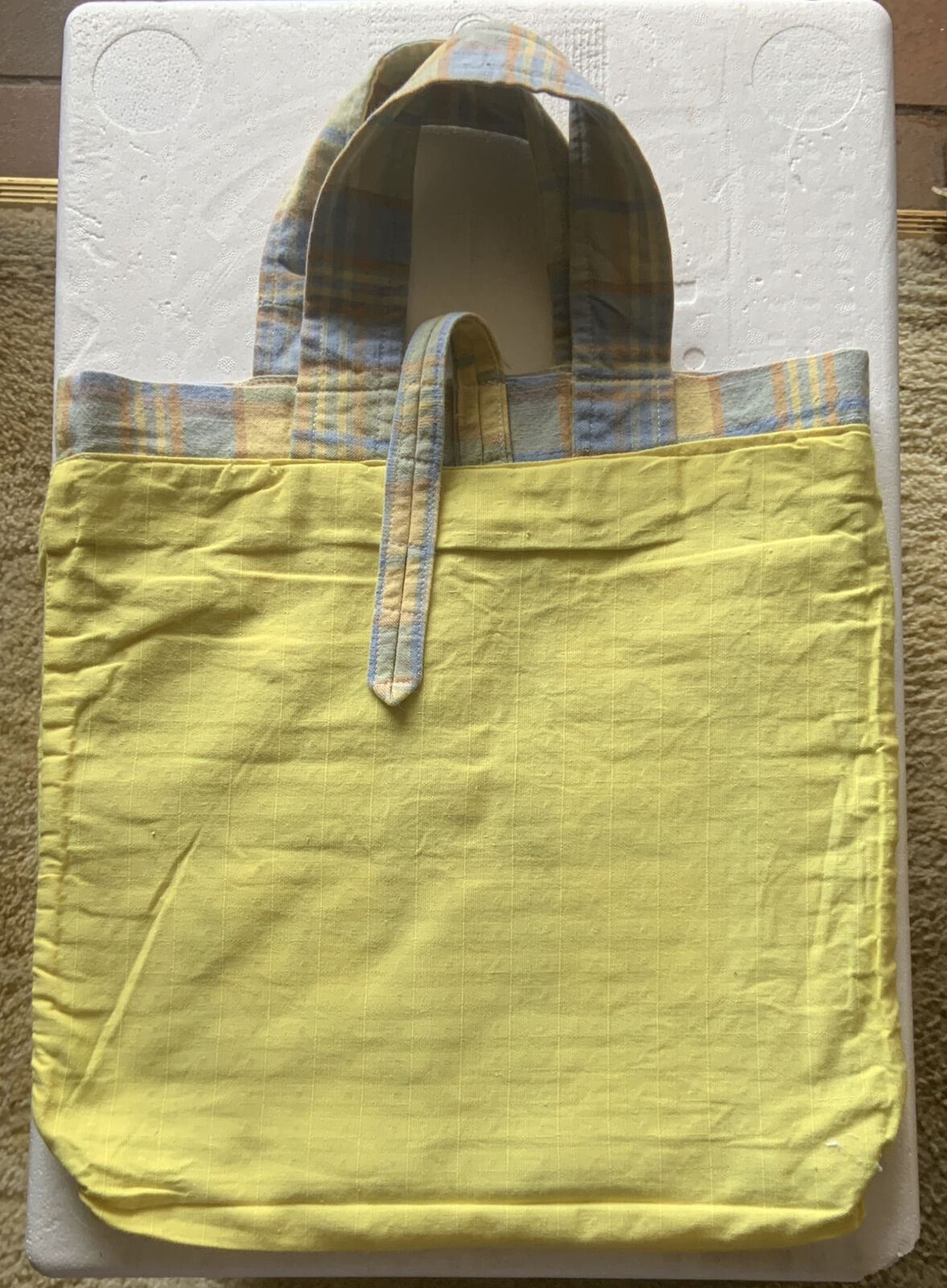 TOTE BAG Handmade Lined Shopping Yellow Blue Check Cotton Fabric Reusable