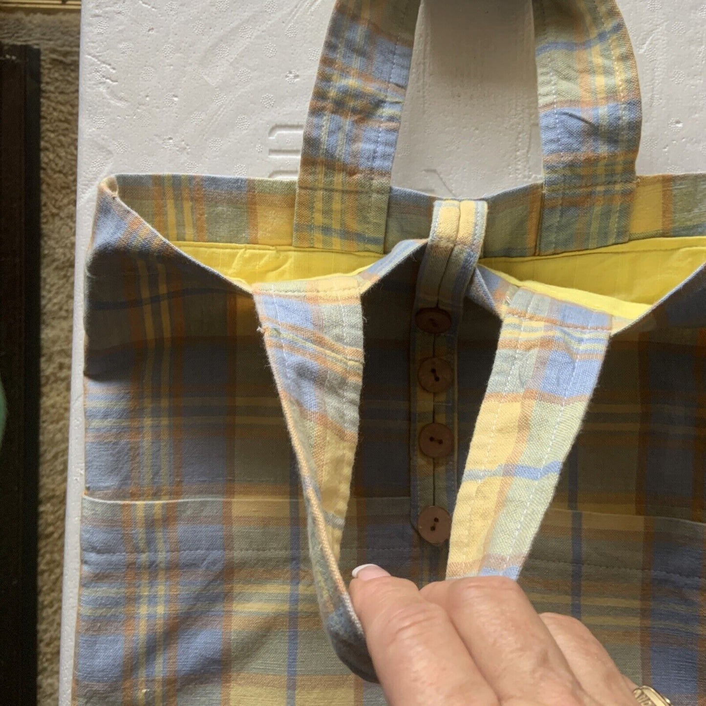 TOTE BAG Handmade Lined Shopping Yellow Blue Check Cotton Fabric Reusable