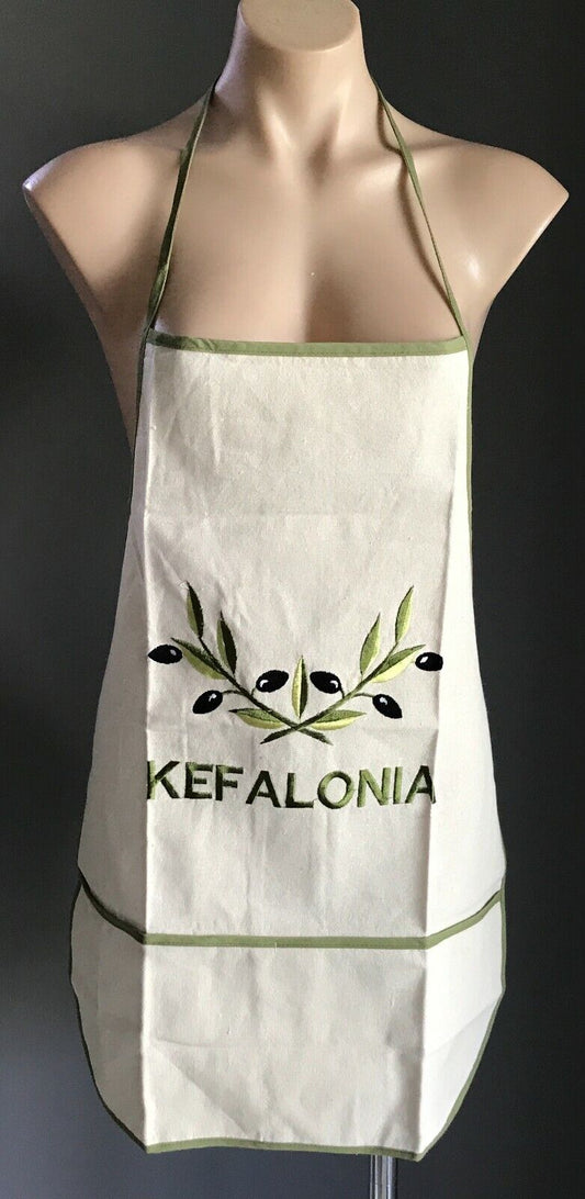 KEFALONIA Kitchen Apron Bib Greek Cotton Beige Khaki Black Olives NEW