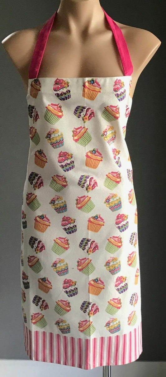 Full Bib Apron PROPERT Pink Colourful Cupcake Print Cotton Size 8 12 Like New