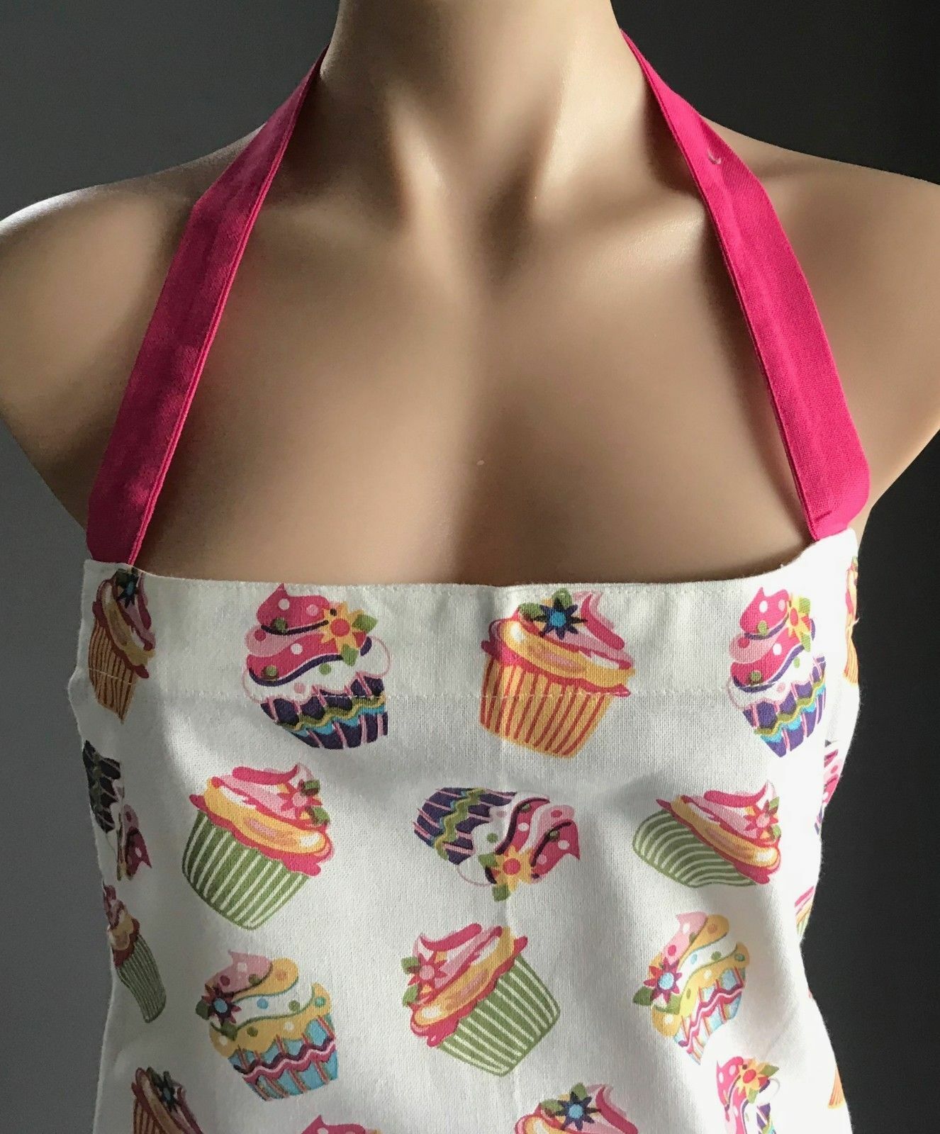 Full Bib Apron PROPERT Pink Colourful Cupcake Print Cotton Size 8 12 Like New