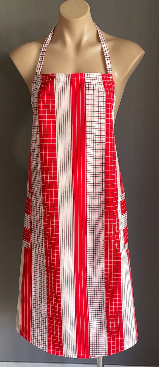 FULL APRON Vintage Handmade Red Black White Check & Stripe Print Cotton One Size