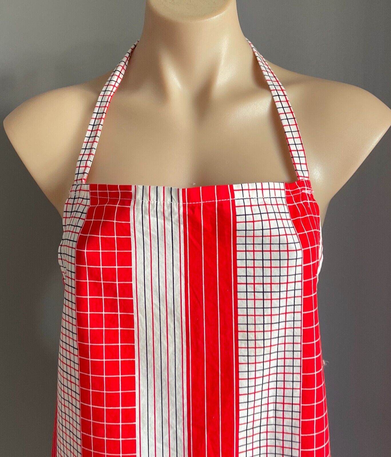 FULL APRON Vintage Handmade Red Black White Check & Stripe Print Cotton One Size