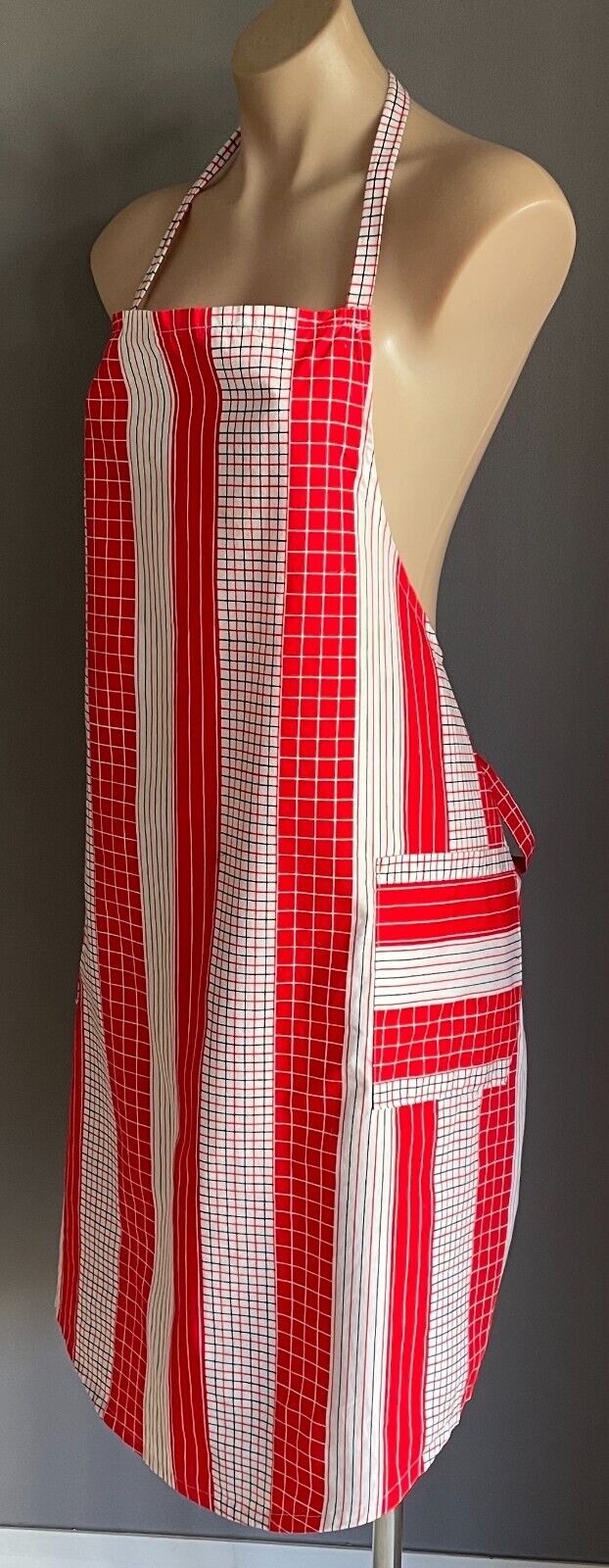 FULL APRON Vintage Handmade Red Black White Check & Stripe Print Cotton One Size