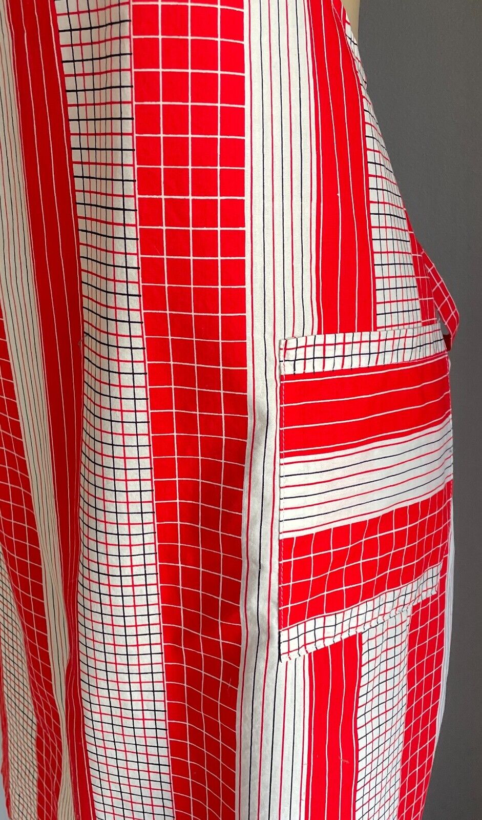 FULL APRON Vintage Handmade Red Black White Check & Stripe Print Cotton One Size