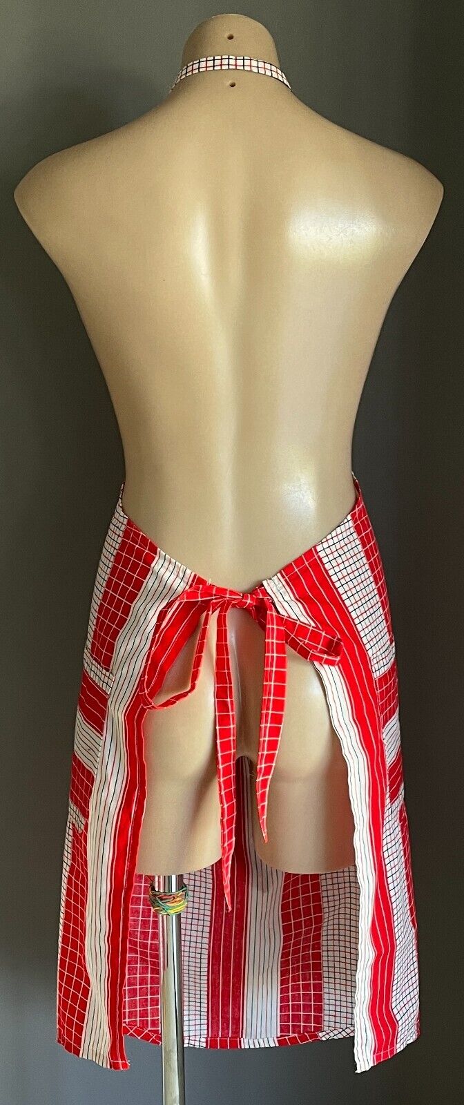 FULL APRON Vintage Handmade Red Black White Check & Stripe Print Cotton One Size