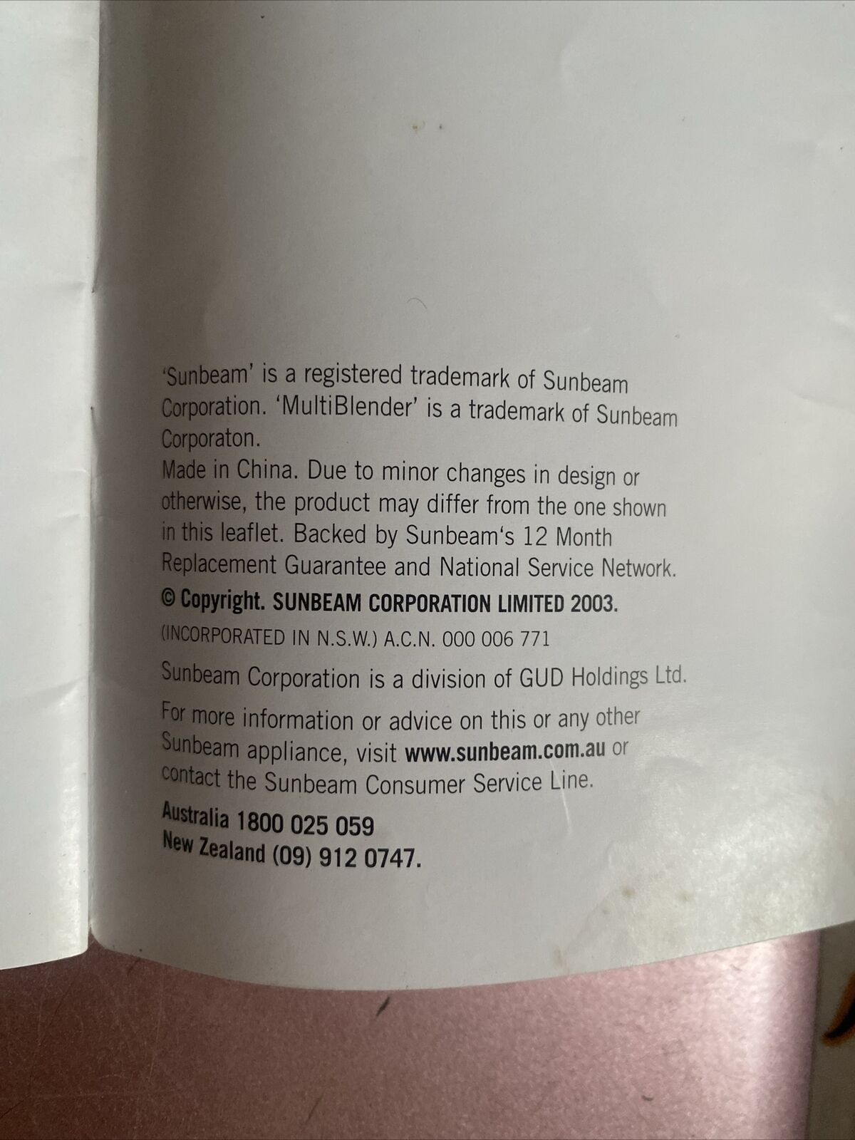 Sunbeam Multi Blender Platinum PB7610 Instruction Manual Only 2003 See Pics
