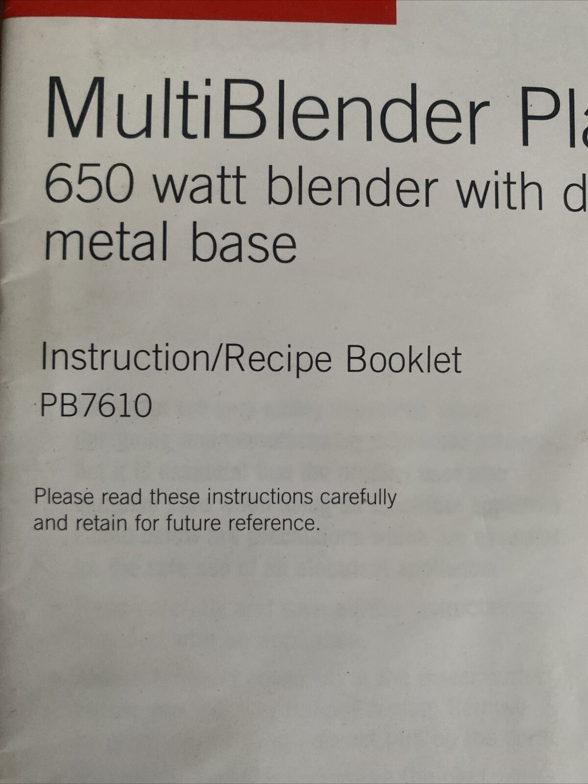 Sunbeam Multi Blender Platinum PB7610 Instruction Manual Only 2003 See Pics