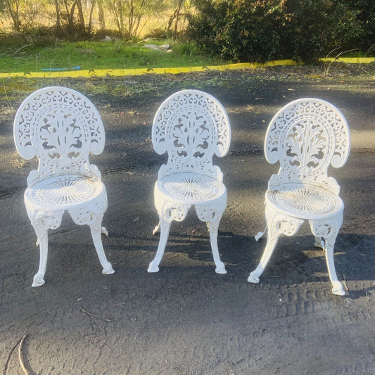 3x Rustic Dining Patio Chairs Cast Aluminium Federation White Painted Garden