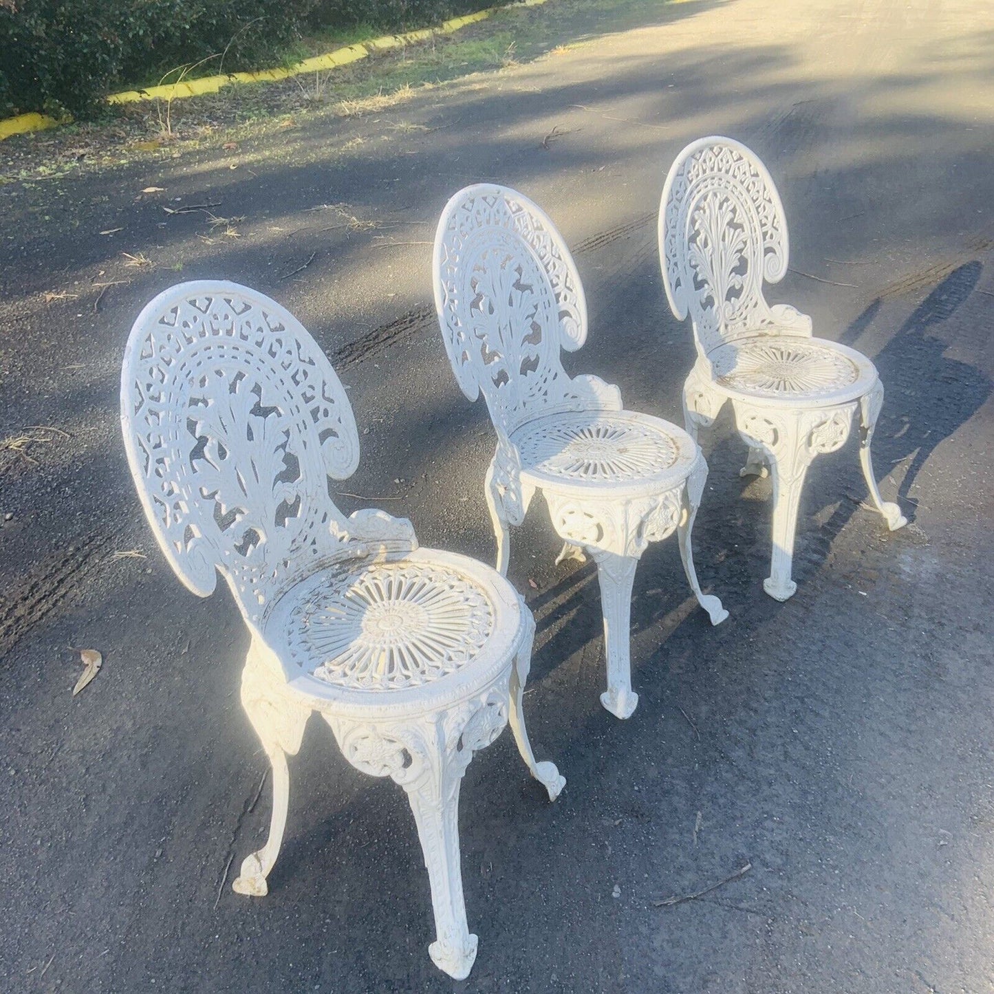 3x Rustic Dining Patio Chairs Cast Aluminium Federation White Painted Garden
