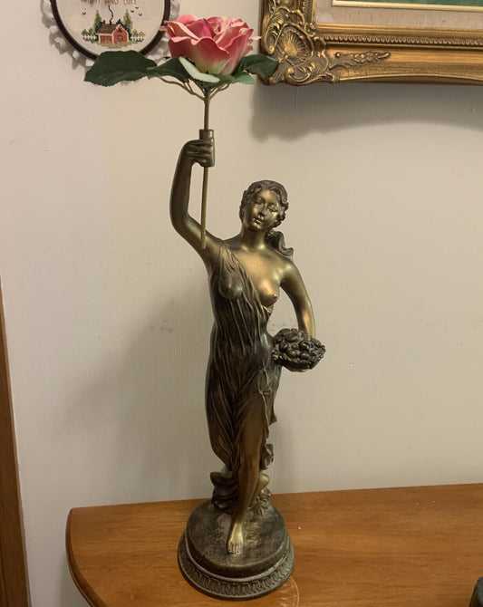Mid Century GREEK GODDESS Statue Lady Basket Flowers Resin Bronze Look Felt Base