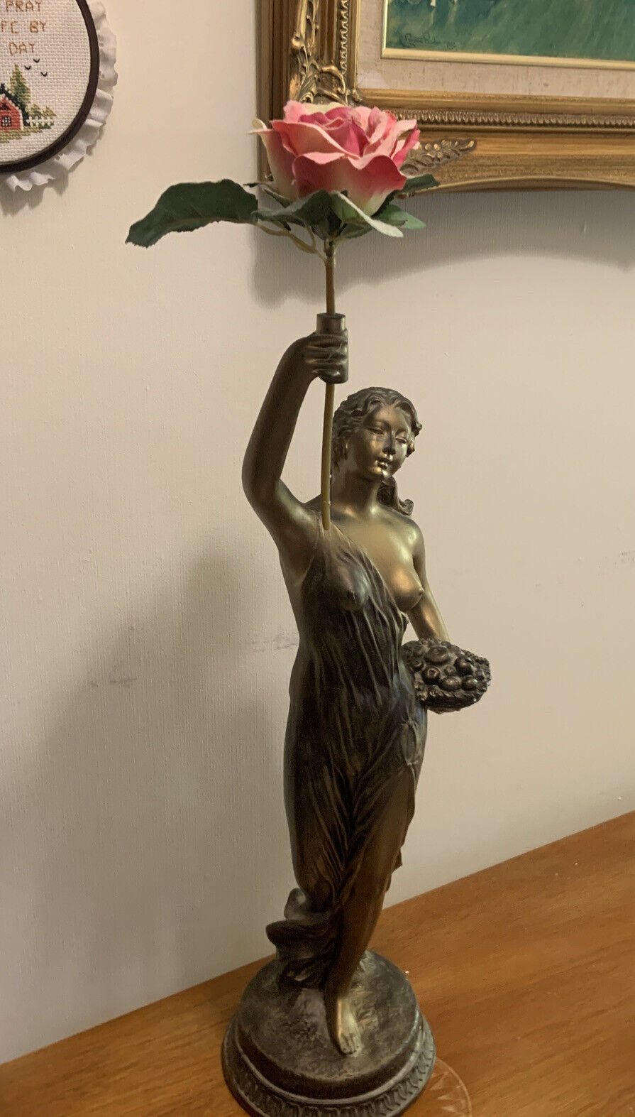 Mid Century GREEK GODDESS Statue Lady Basket Flowers Resin Bronze Look Felt Base