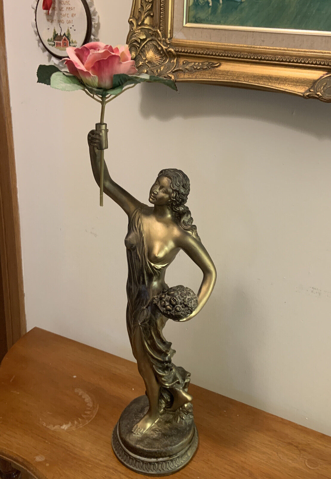 Mid Century GREEK GODDESS Statue Lady Basket Flowers Resin Bronze Look Felt Base