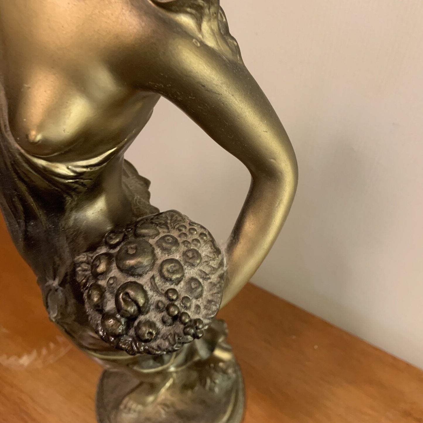 Mid Century GREEK GODDESS Statue Lady Basket Flowers Resin Bronze Look Felt Base