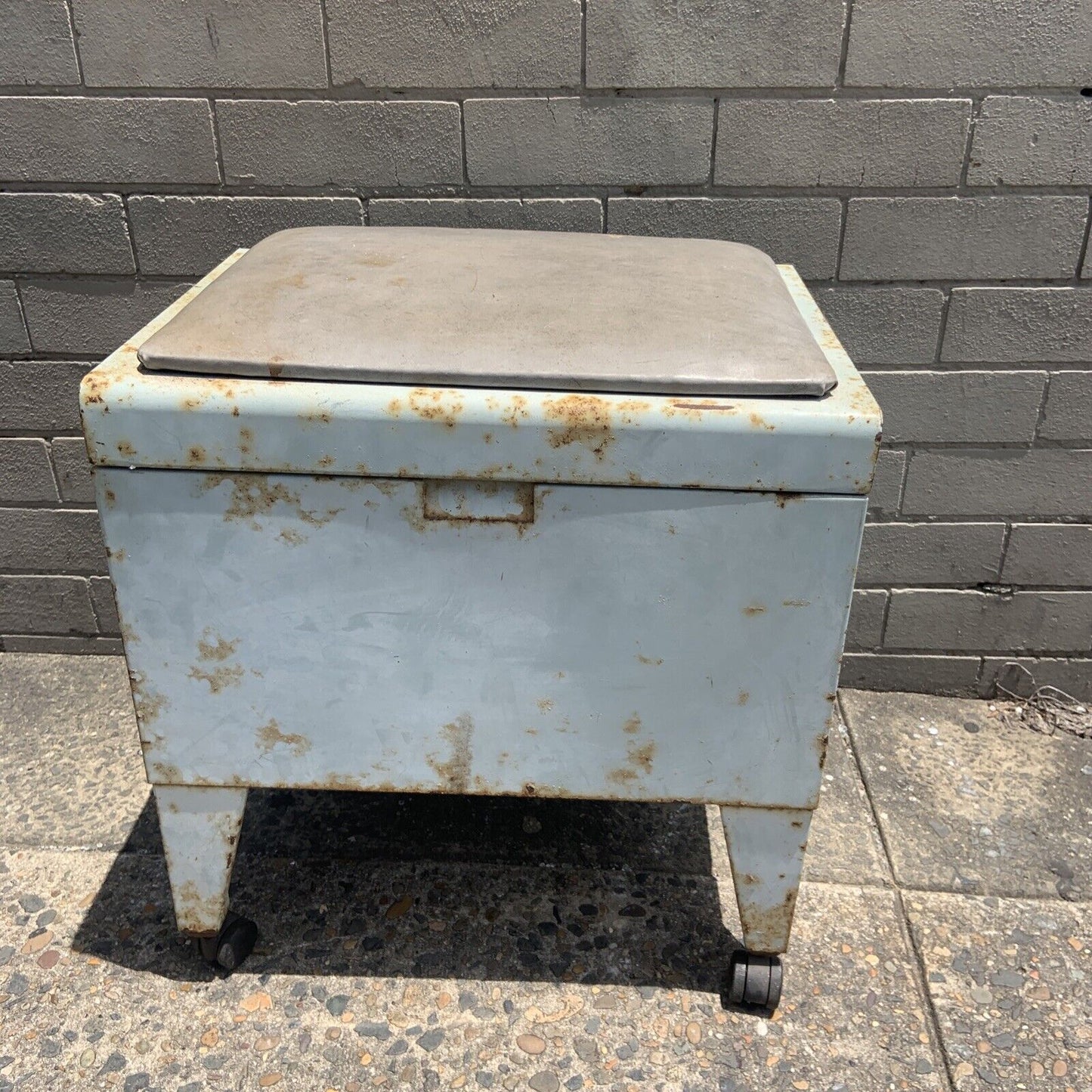 Rustic Vintage Metal Industrial Toolbox Toy Chest Strong Box Castors & Pad Seat