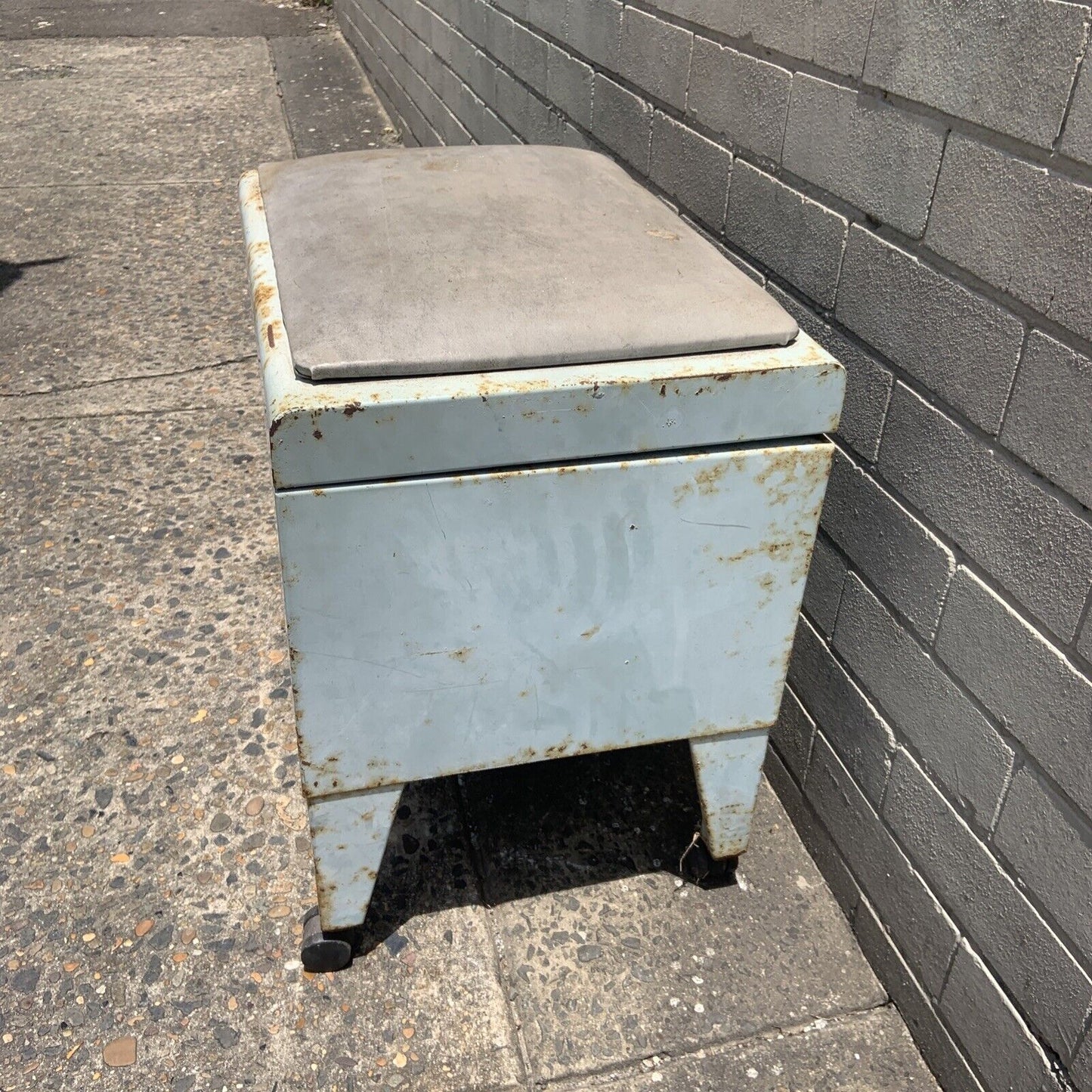 Rustic Vintage Metal Industrial Toolbox Toy Chest Strong Box Castors & Pad Seat