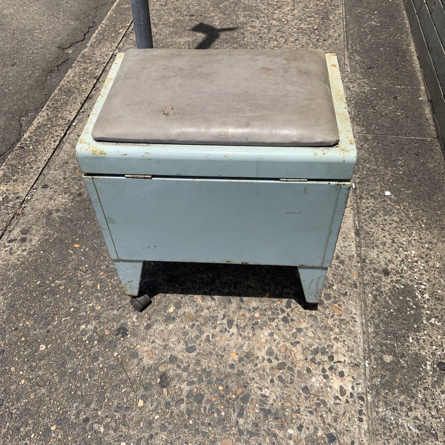 Rustic Vintage Metal Industrial Toolbox Toy Chest Strong Box Castors & Pad Seat