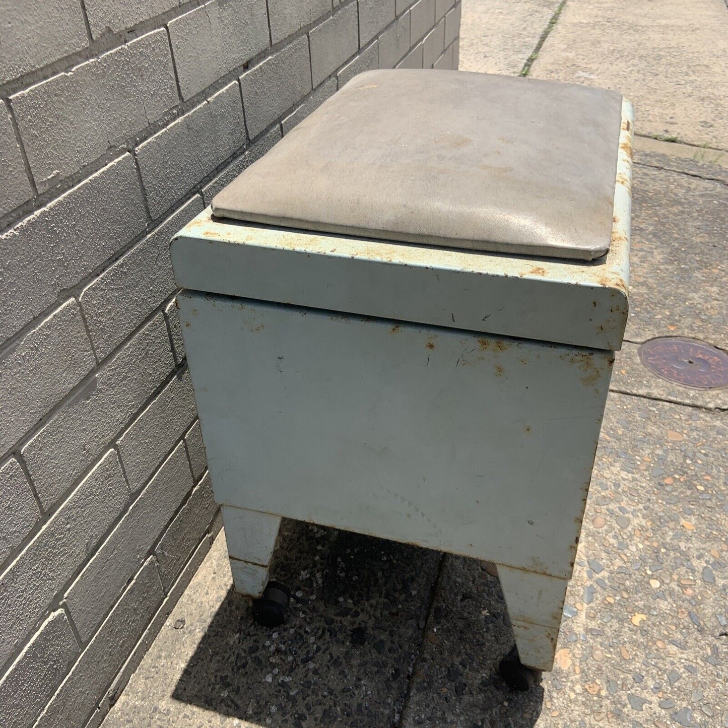 Rustic Vintage Metal Industrial Toolbox Toy Chest Strong Box Castors & Pad Seat