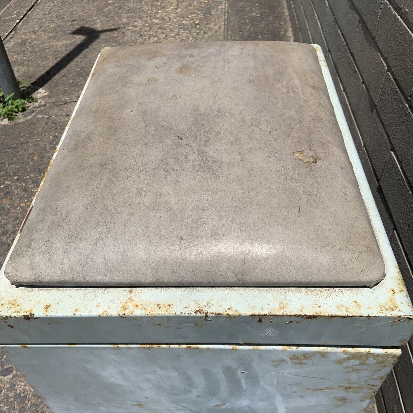 Rustic Vintage Metal Industrial Toolbox Toy Chest Strong Box Castors & Pad Seat