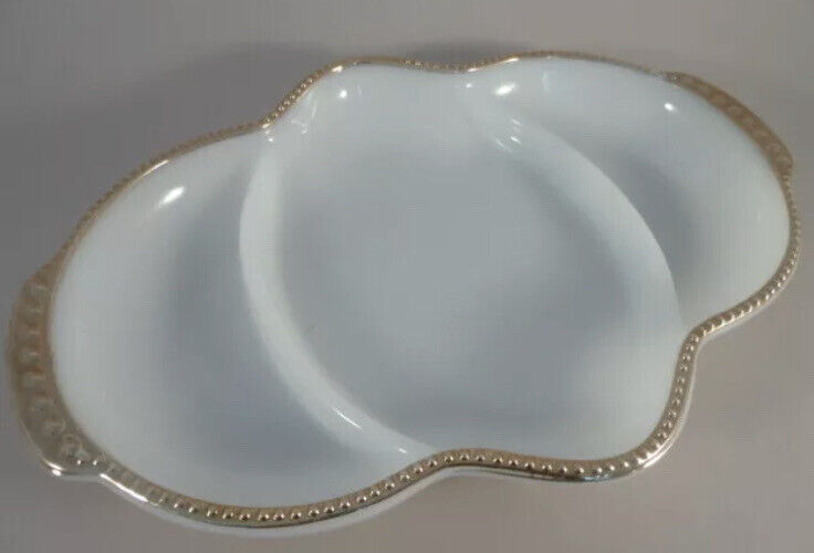 Oval Serving Dish Divided Vintage Anchor Hocking Fire King Milk Glass Gold Trim