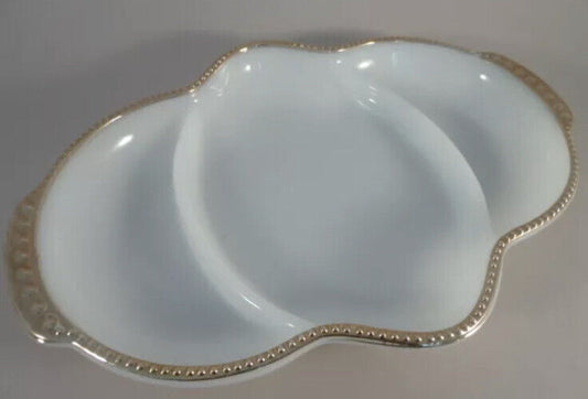 Oval Serving Dish Divided Vintage Anchor Hocking Fire King Milk Glass Gold Trim