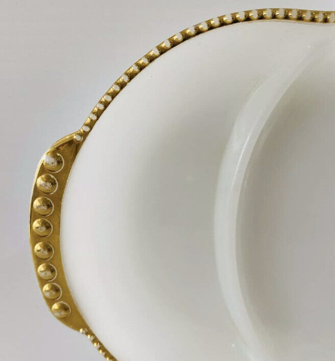 Oval Serving Dish Divided Vintage Anchor Hocking Fire King Milk Glass Gold Trim