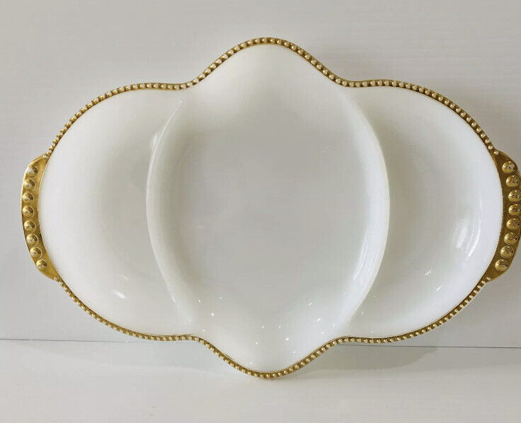 Oval Serving Dish Divided Vintage Anchor Hocking Fire King Milk Glass Gold Trim