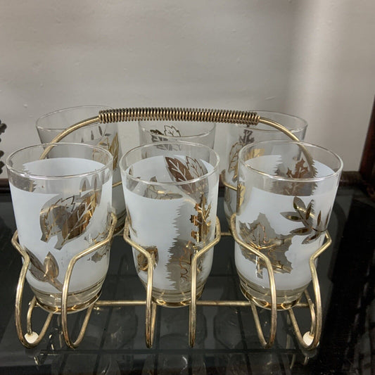 Vintage 1960s SET OF 6 Gilded Water Glasses Gold Metal Holder Rack Caddy Scandi