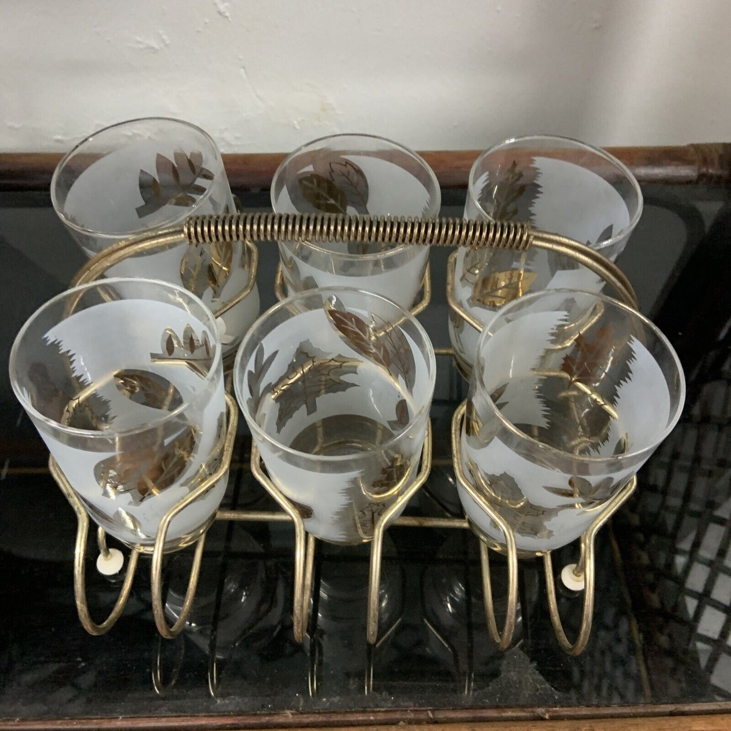 Vintage 1960s SET OF 6 Gilded Water Glasses Gold Metal Holder Rack Caddy Scandi