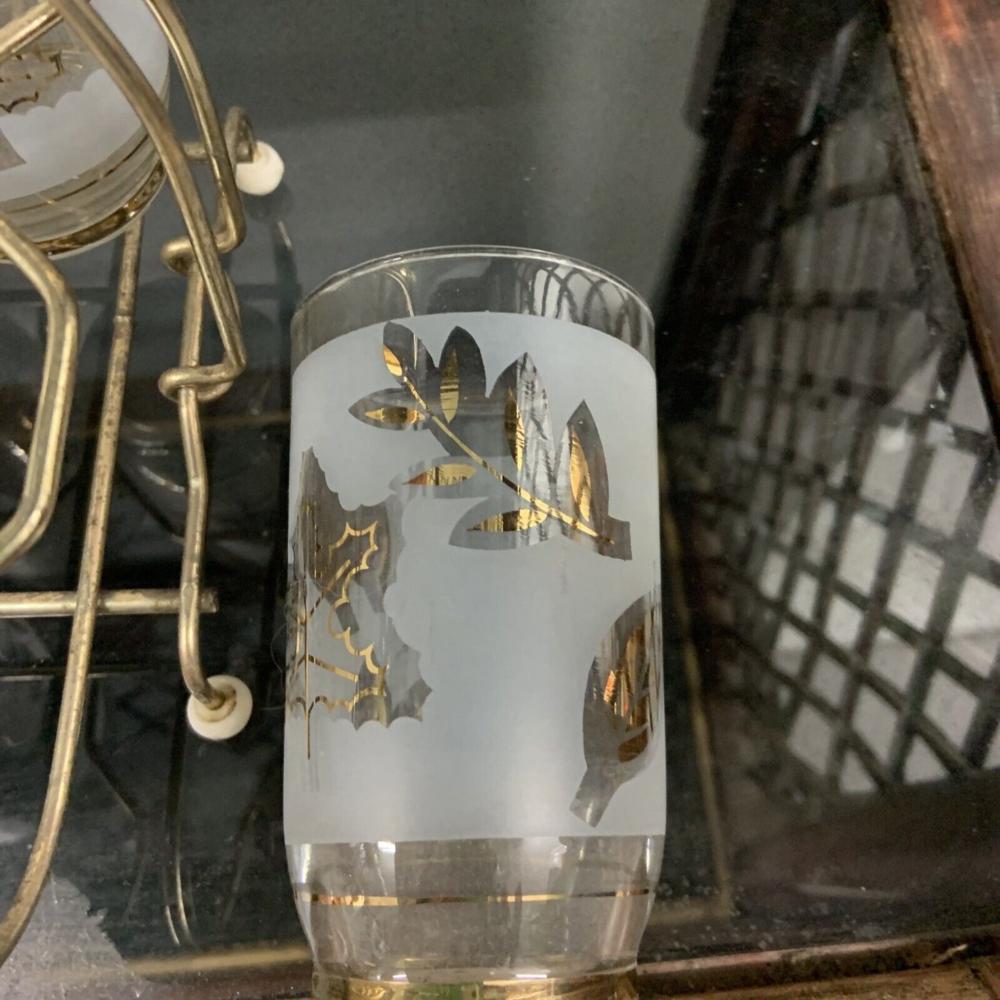 Vintage 1960s SET OF 6 Gilded Water Glasses Gold Metal Holder Rack Caddy Scandi