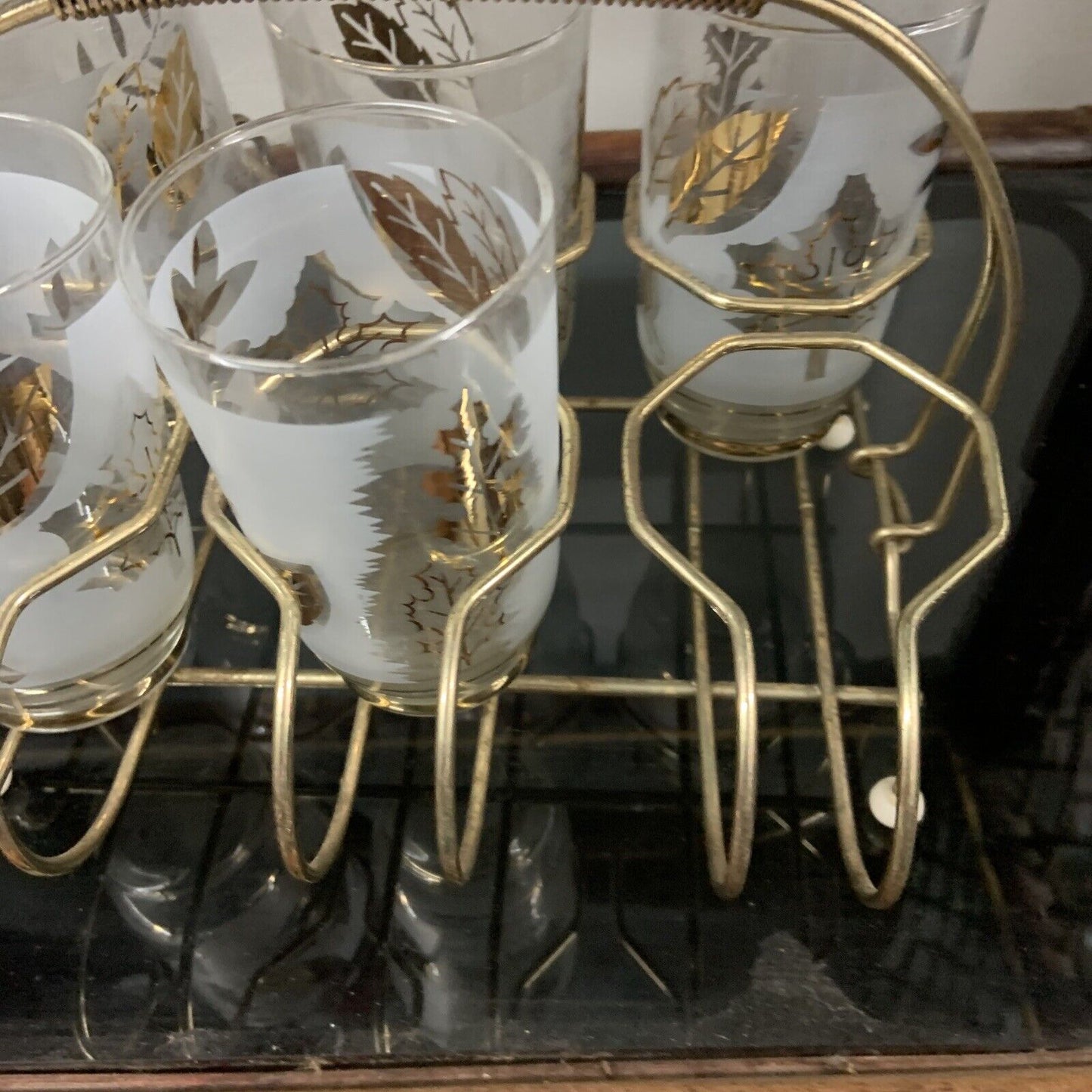 Vintage 1960s SET OF 6 Gilded Water Glasses Gold Metal Holder Rack Caddy Scandi