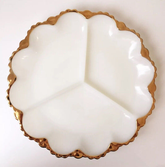 1950s Anchor Hocking Fire King White Milk Glass Gold Trim 3 Section Tri Platter