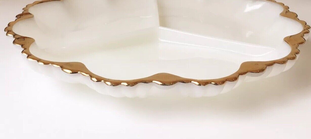 1950s Anchor Hocking Fire King White Milk Glass Gold Trim 3 Section Tri Platter