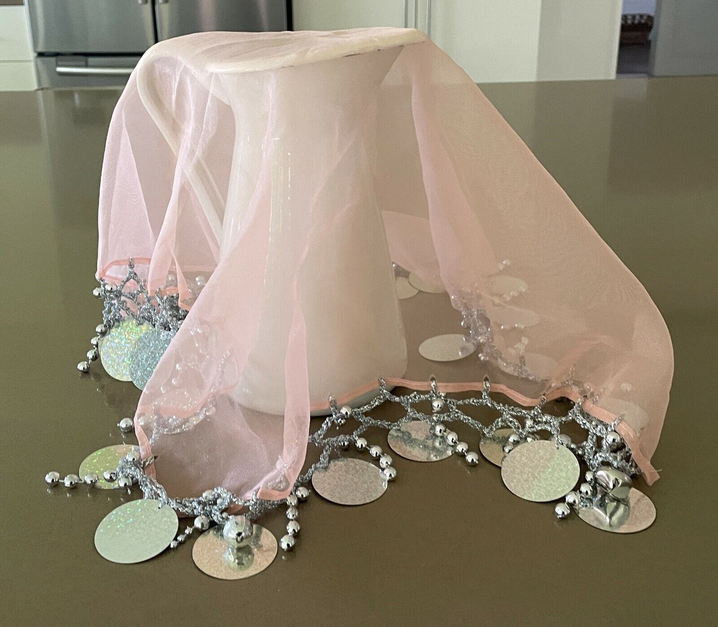 JUG COVER Blush Pink Sheer Organza Table Cloth CentrePiece Bead Disc Shimmer NEW