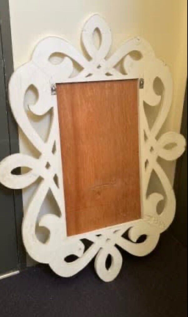 Large 125cm Vintage White Craft Wood Carved Wall Mirror Scroll Rustic Look AE293