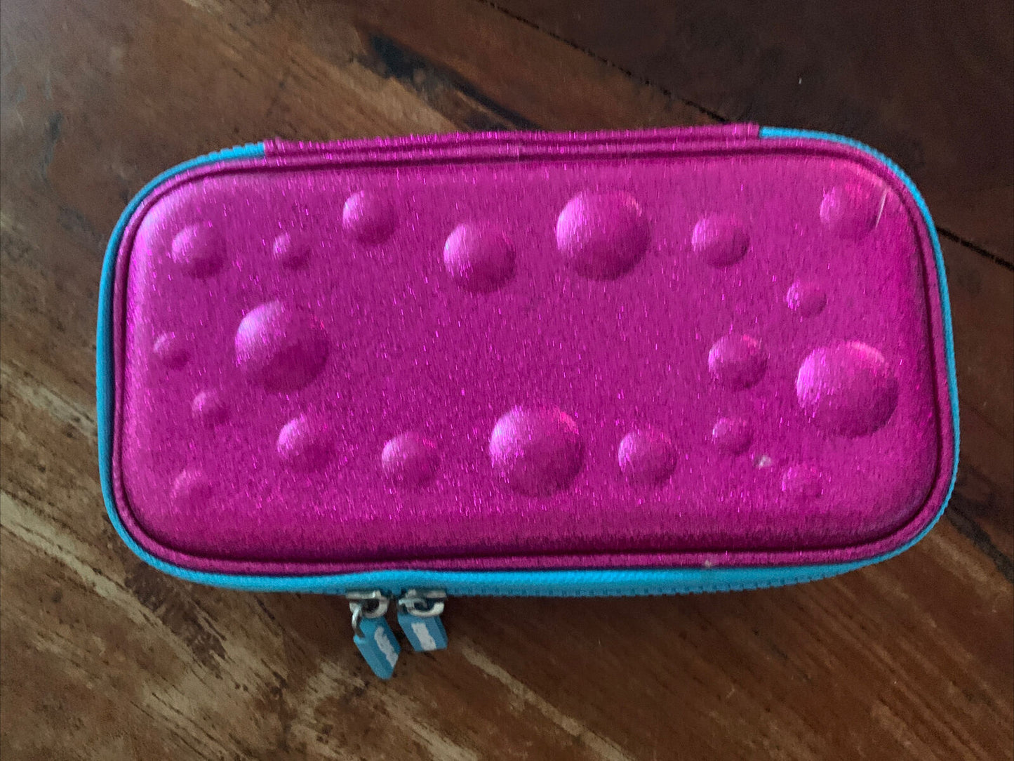 CHARMIES Pencil Case Glitter Hot Pink Bubbles 2 Zips Small Scratches on lid NEW