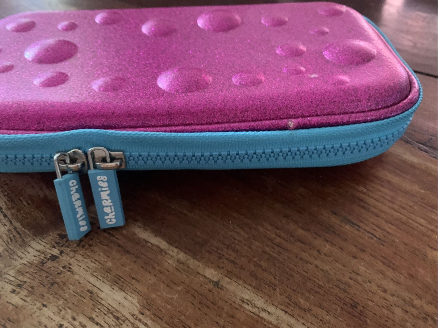 CHARMIES Pencil Case Glitter Hot Pink Bubbles 2 Zips Small Scratches on lid NEW