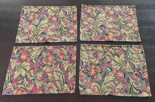 Set of 4 Burgundy & Green Tapestry Fabric Placemat Baroque Provincial Fruit NEW