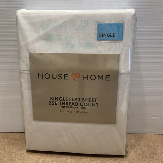 White SINGLE FLAT SHEET House & Home 250 Thread Count Poly Cotton Sealed NEW