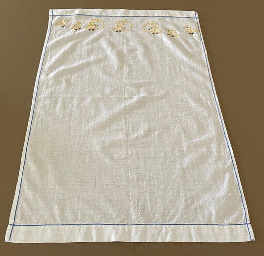 1960s Baby Bassinet Top Sheet Hand Embroidered Chickens 53.5 x 80cm Vintage