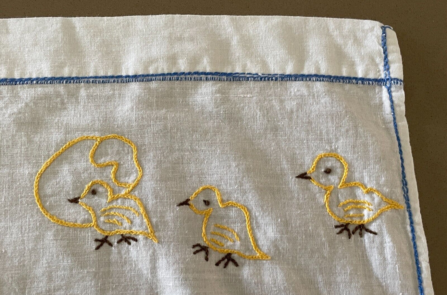 1960s Baby Bassinet Top Sheet Hand Embroidered Chickens 53.5 x 80cm Vintage