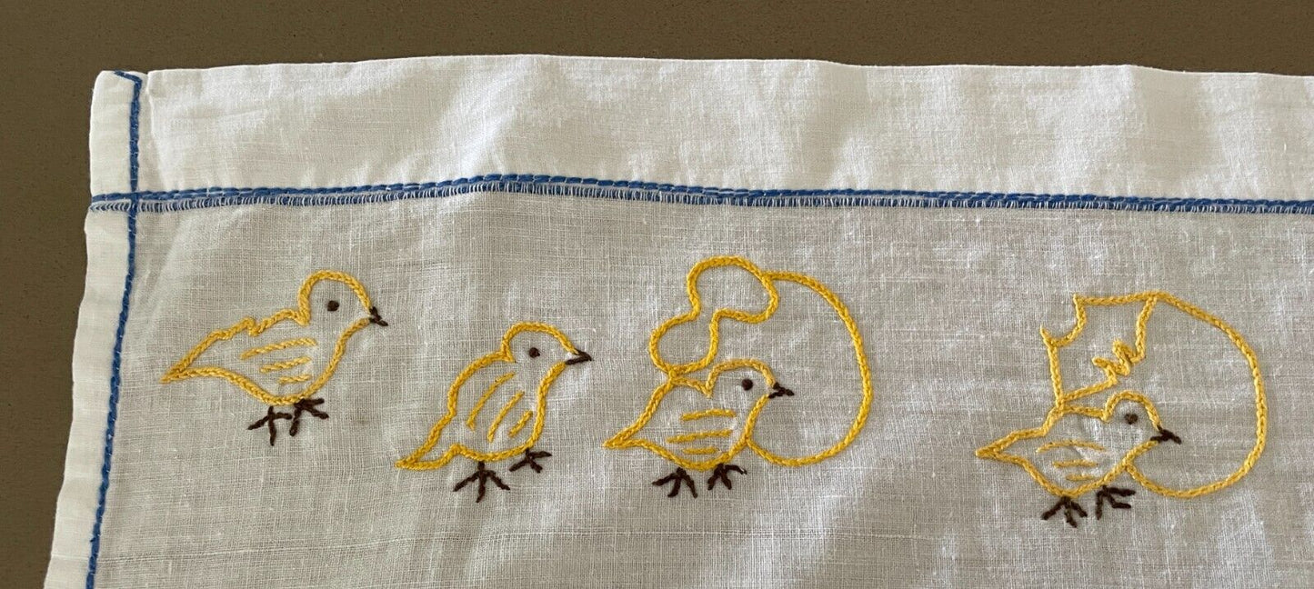 1960s Baby Bassinet Top Sheet Hand Embroidered Chickens 53.5 x 80cm Vintage