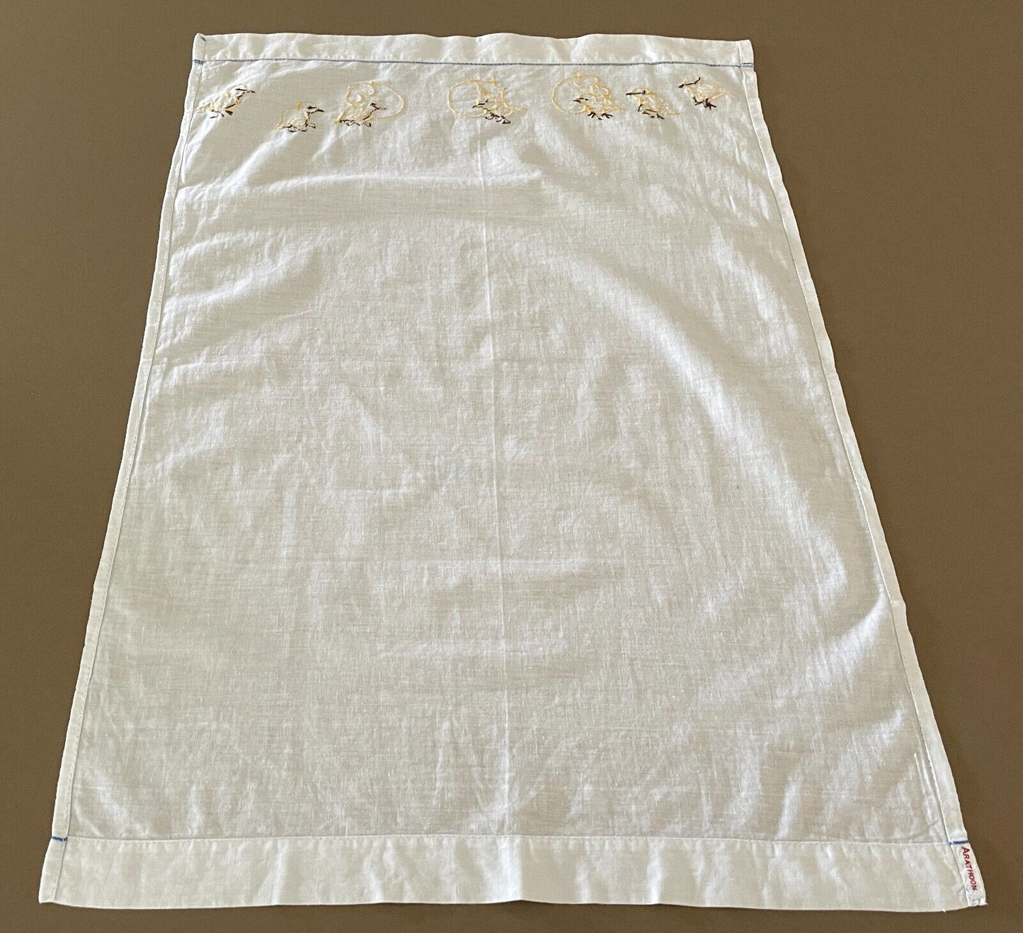 1960s Baby Bassinet Top Sheet Hand Embroidered Chickens 53.5 x 80cm Vintage